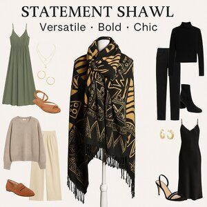 ✨ Statement Black & Gold Tribal Print Shawl Wrap – Boho Luxe & Versatile